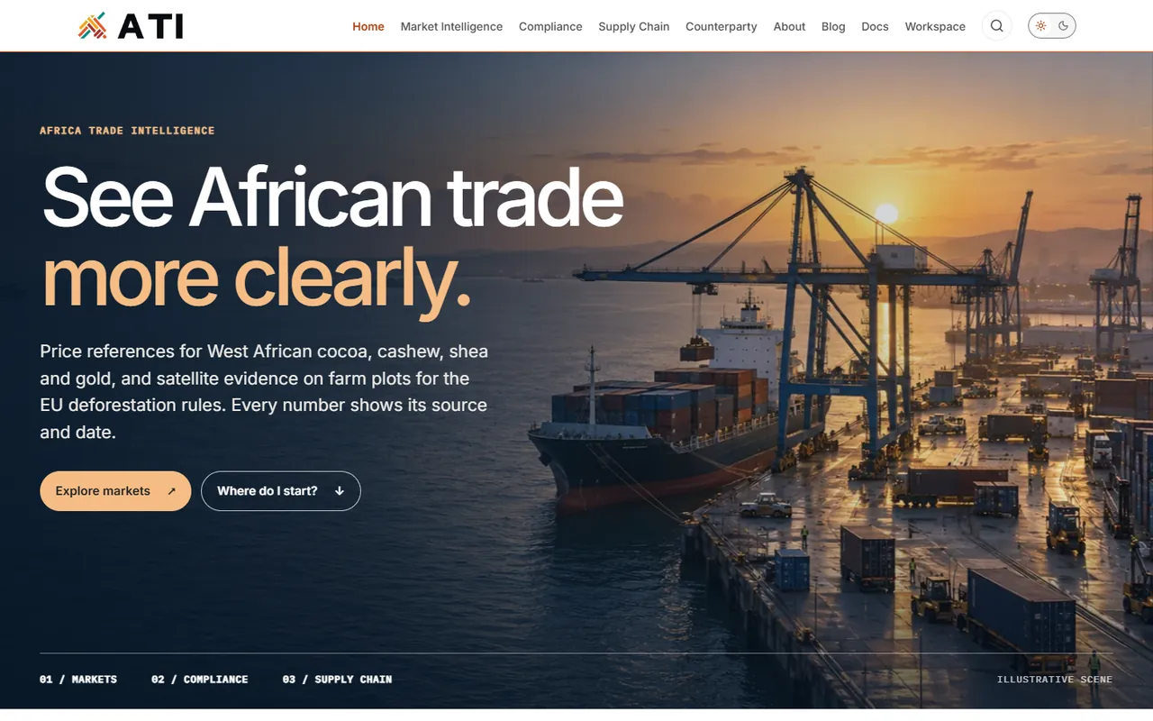 ATI home page: "See African trade more clearly", over a container port at sunset.