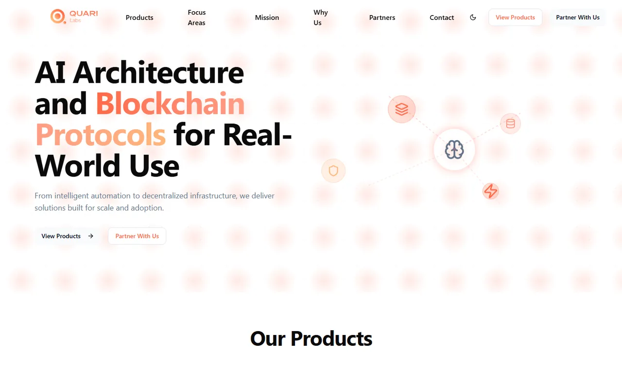 Quari Labs home page: "AI Architecture and Blockchain Protocols for Real-World Use".