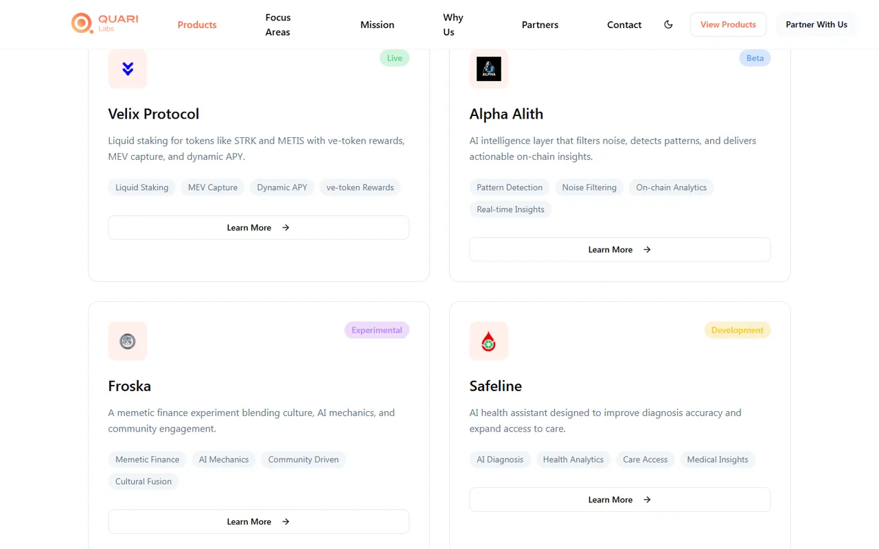 Quari Labs products: Velix Protocol (live), Alpha Alith (beta), Froska and SafeLine.