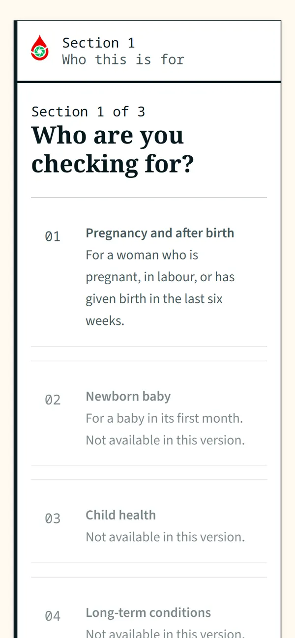 SafeLine asking who the check is for: pregnancy and after birth, newborn baby, child health.