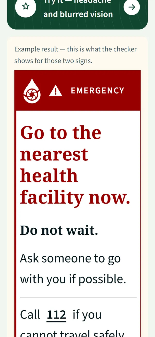 SafeLine example result in red: emergency, go to the nearest health facility now.