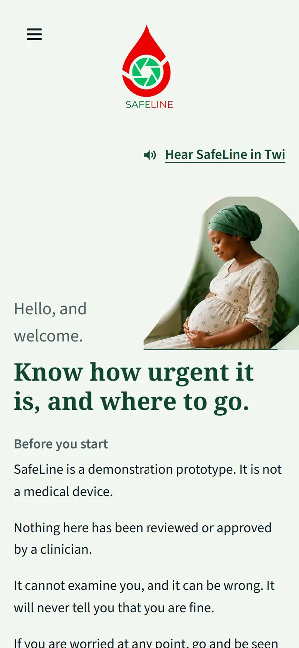 SafeLine on a phone: "Know how urgent it is, and where to go", with an option to hear it in Twi.